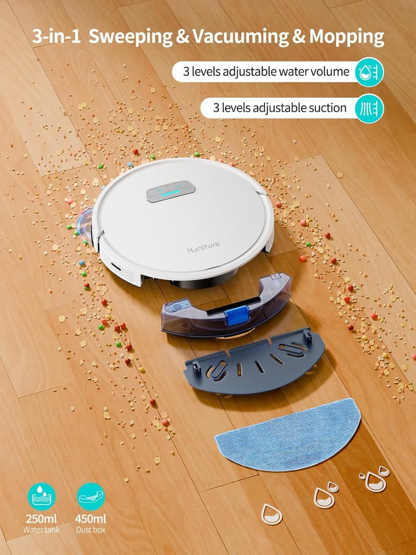 HONITURE Robot Vacuum and Mop Combo, 4000pa Strong Suction, G20 Robot Vacuum Cleaner with Self-Charging, 150Mins Max, App&Remote&Voice Control, Super-Slim, Ideal for Pet Hair