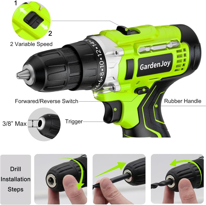 GardenJoy Cordless Power Drill Set: 12V Electric Drill with Battery and Charger, 65pcs Acessories, 3/8"Keyless Chuck, 2 Variable Speed, 24+1 Position, Compact Drill Driver Kit for Home & DIY Project