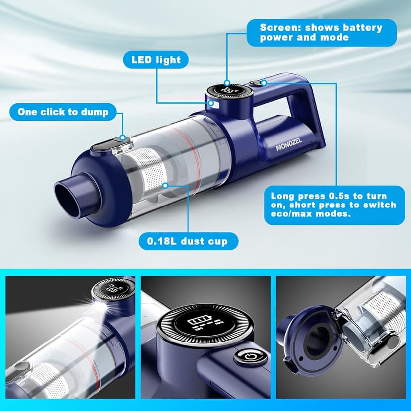 Handheld Vacuum Cordless - Car Vacuum Cleaner with Brushless Motor, 15000Pa Strong Suction with LED Light, Type C Cable, 2 Fliters, Portable Hand Vacuum for Car, Home, and Office
