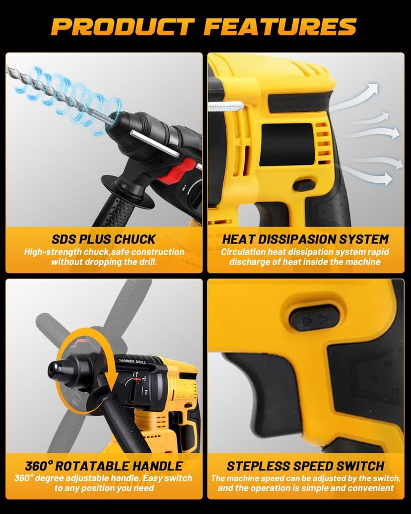Cordless SDS Hammer Drill for Dewalt 20V MAX Battery, Brushless Rotary Hammer Drill with Safety Clutch for Concrete/Masonry (No Battery)
