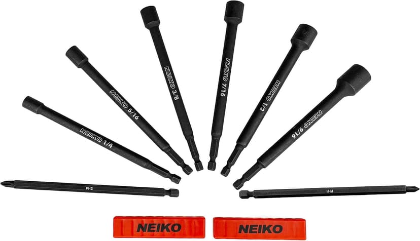 NEIKO 10067A Magnetic Impact Nut Driver and Power Bit Tool Set | 8 Pieces, SAE | 6 Inches | Shank Nut Driver Bits Setters | Magnetic Tip Sockets | 1/4 Inch Hex Shank