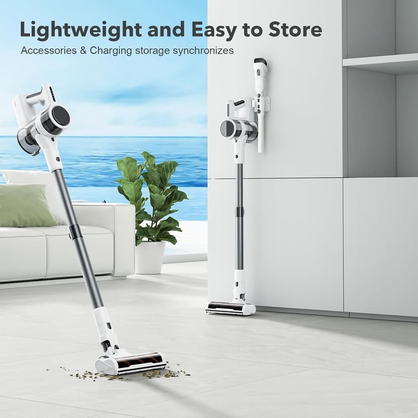 Vacuum Cleaners for Home, 80,000PRM Powerful Motor Cordless Vacuum with Removable 2200mAH Battery up to 35 Mins Worktime, 2 Adjustable Modes and Detachable Parts Stick Vacuum (Marble White)