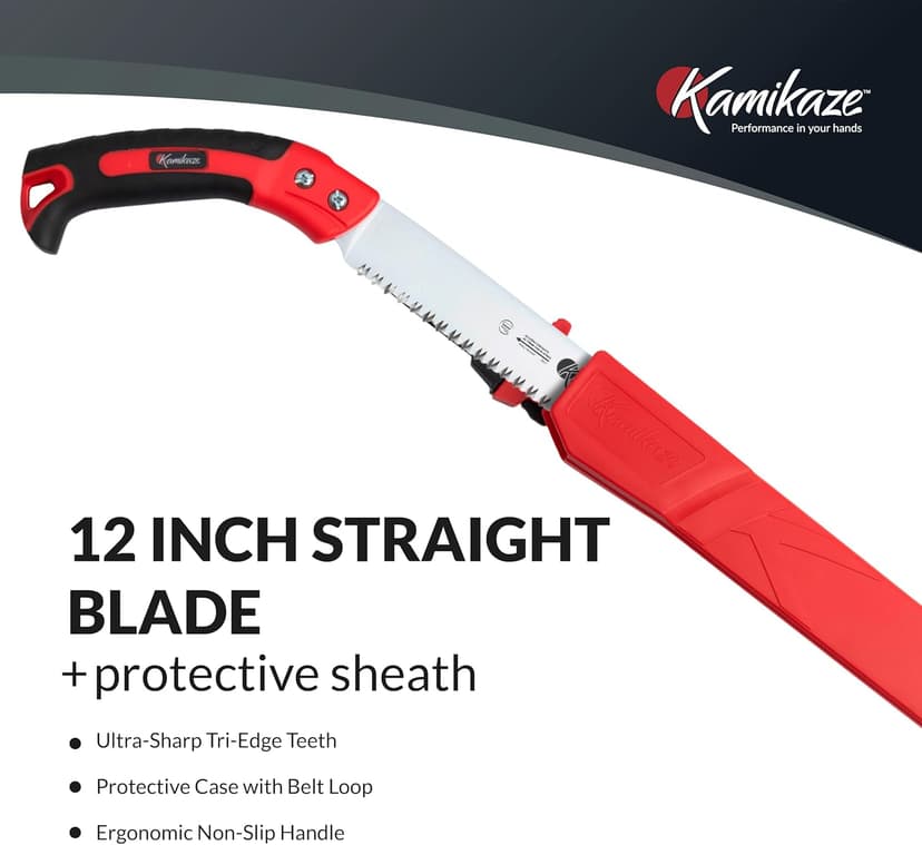 EZ Kut Kamikaze Straight Blade Pruning Saw – 18" Heavy Duty SK5 Carbon Steel – Japanese Pull-Cut Technology – Ergonomic Anti-Fatigue Grip – Tree Trimming Hand Saw with Scabbard