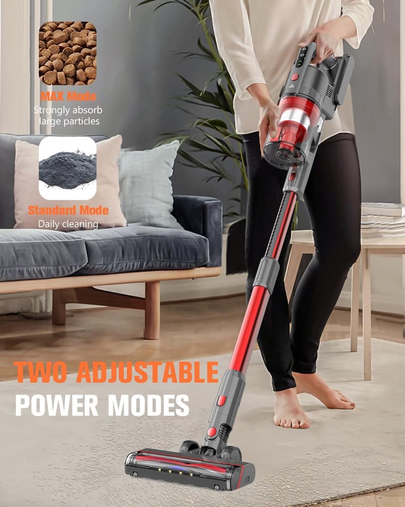 Cordless Vacuum Cleaner, 85,000PRM Upgraded Dual Suction Cordless Stick Vacuum up to 35mins Runtime, Lightweight Rechargeable Vacuum for Home (Grey Red)