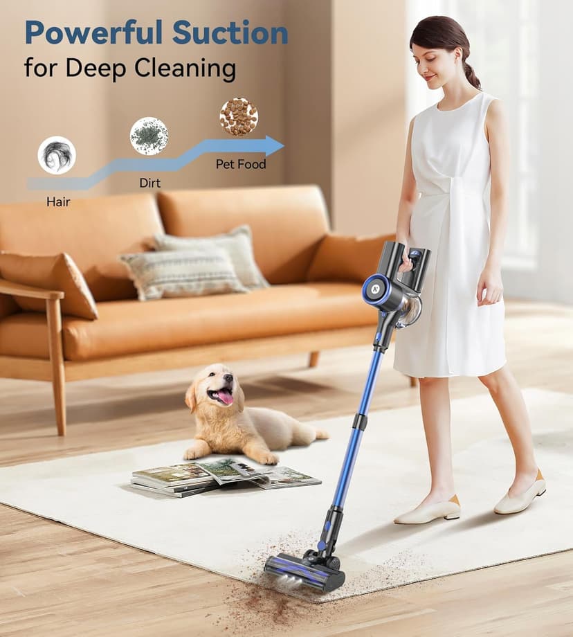 NADALY Cordless Vacuum Cleaner, Stick Vacuum with 3 Powerful Suction Modes, Max 45 Mins Runtime, Anti-Tangle Vacuum Cleaner for Home, 8-in-1 Rechargeable Vacuum for Carpet, Pet Hair, Hard Floors