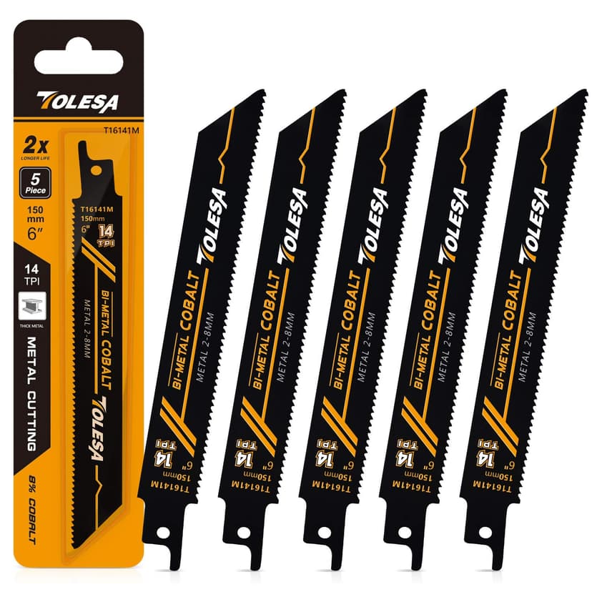 TOLESA Heavy Metal Cutting Reciprocating Saw Blades 6 Inch 14TPI for Pipe, Rebar, Bi-Metal Sabre Saw Blades 5 Pack