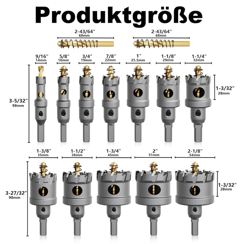 GSTK Upgrade Heavy Duty Carbide Hole Saw 14 Pcs,Metal Steel Hole Saw Drill Bit,TCT Hole Cutter,Alloy Hardness Upgrade, with 2*Extra Titanium Plated Pilot Center Drill and 2*L-Wrench