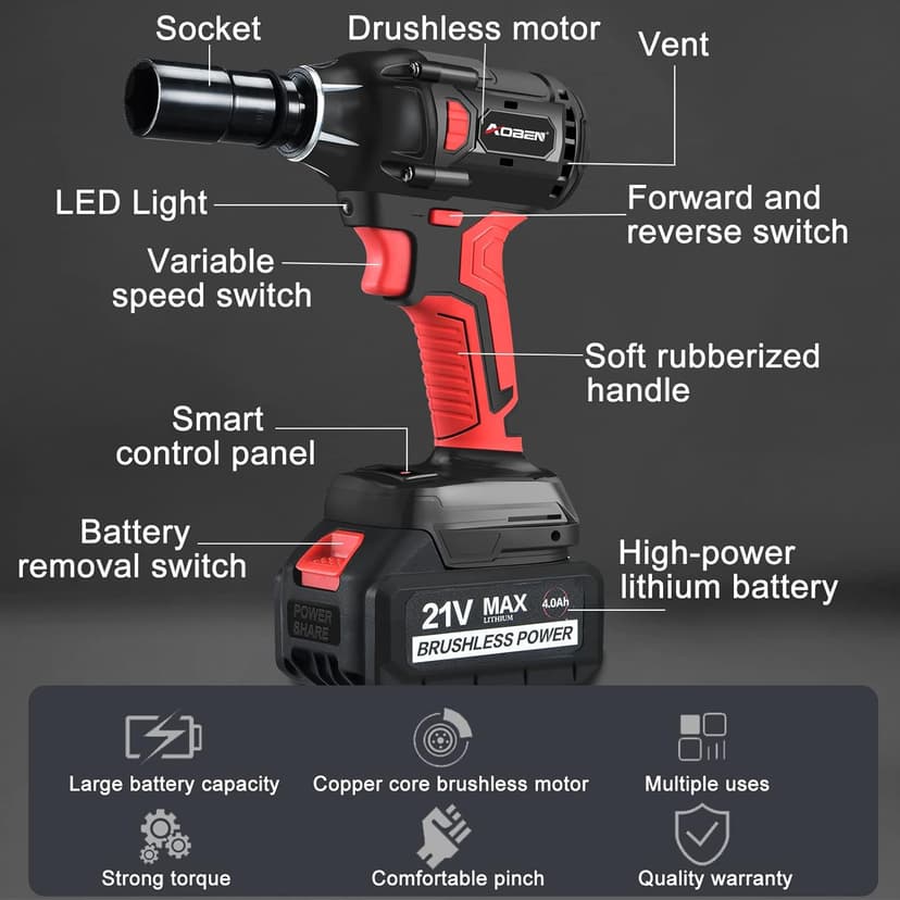 AOBEN 21V Cordless Impact Wrench, 400N.m Max Torque, 3000rpm Speed, 4.0Ah Li-ion Battery, 6Pcs Driver Sockets, Fast Charger, Tool Bag