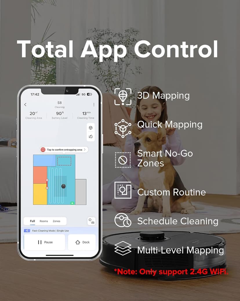 roborock S8 Robot Vacuum and Mop Cleaner, DuoRoller Brush, 6000Pa Suction, ReactiveAI 2.0 Obstacle Avoidance, Sonic Mopping, Auto Lifting Mop, Works with Alexa, Perfect for Pet Hair, Black