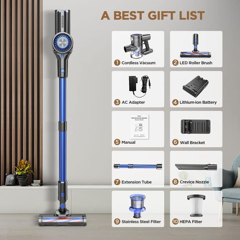 Vacuum Cleaners for Home, 80,000PRM Powerful Motor Cordless Vacuum with Removable 2200mAH Battery up to 35 Mins Worktime, 2 Adjustable Modes and Detachable Parts Stick Vacuum (Sandy Blue)