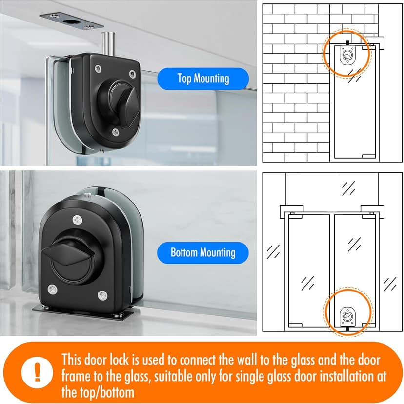 Ranbo Frameless Glass Door Floor Lock, Clamp-On No-Drill, 304 Stainless Steel, Fits 3/8"–1/2" (10–12 mm) Swing/Sliding Doors — Ideal for Office, Entrance, Storefront,Top or Bottom Mount, Matte Black