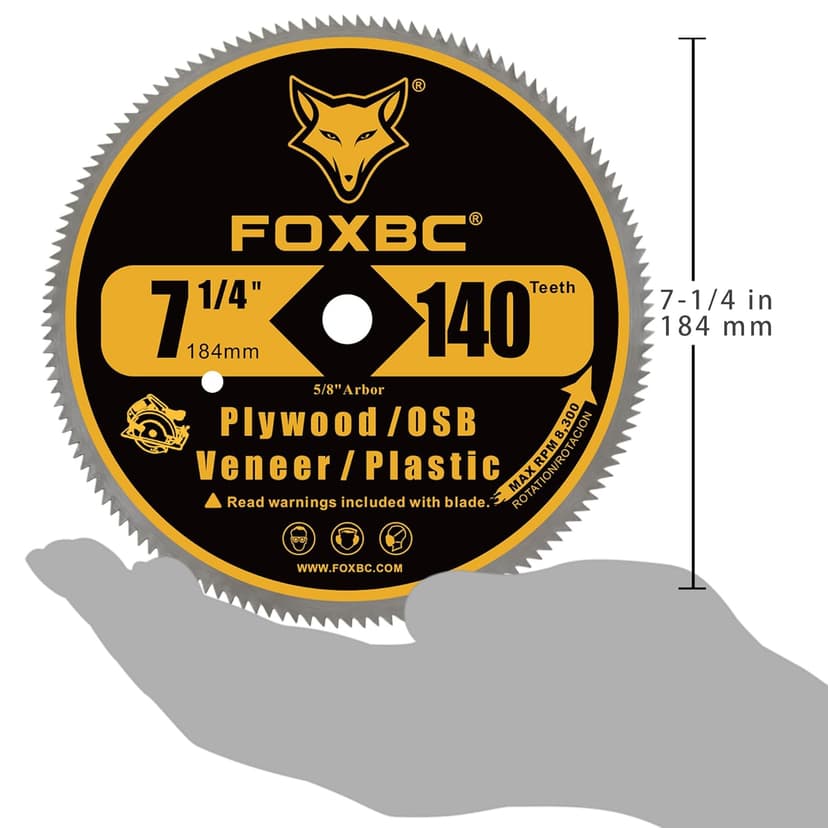 FOXBC 7-1/4 Inch 140 Tooth Fine Finish Carbon Circular Saw Blade for Plywood, OSB, Plastic, Veneer, Vinyl Wood Cutting with 5/8-Inch Diamond Arbor