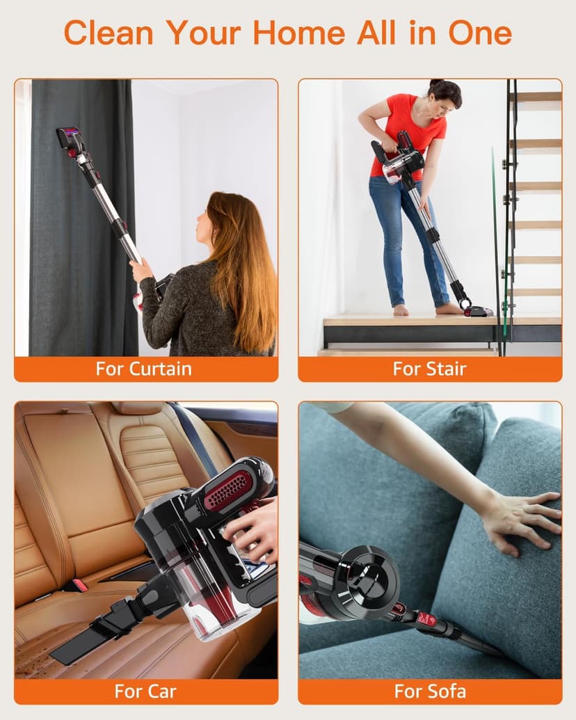 Cordless Vacuum Cleaner,30Kpa Cordless Stick Vacuum with 210W Brushless Motor, 45Mins Runtime, Detachable Battery, Lightweight Vacuum for Hard Floor, Carpet, Pet Hair