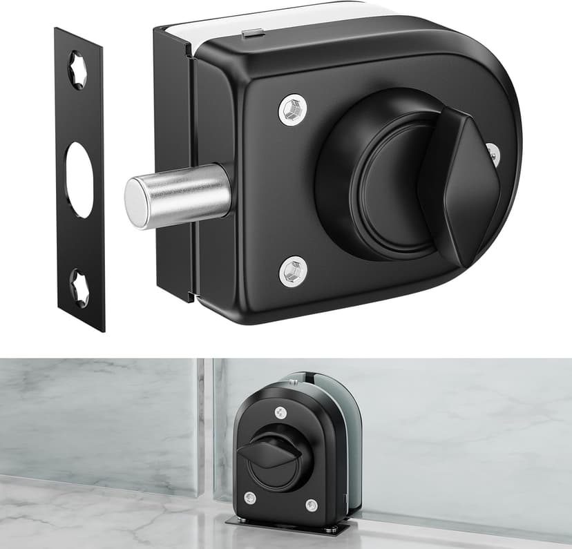 Ranbo Frameless Glass Door Floor Lock, Clamp-On No-Drill, 304 Stainless Steel, Fits 3/8"–1/2" (10–12 mm) Swing/Sliding Doors — Ideal for Office, Entrance, Storefront,Top or Bottom Mount, Matte Black