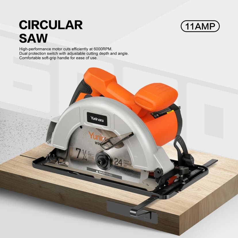 11 Amp Corded Circular Saw with Circular Saw Blade, 6000RPM, Adjustable Cutting Depth, 7-1/4 Inch Blade, Ideal for Wood and Plastic Cuts, Professional Carpentry Tool for Precision Cutting