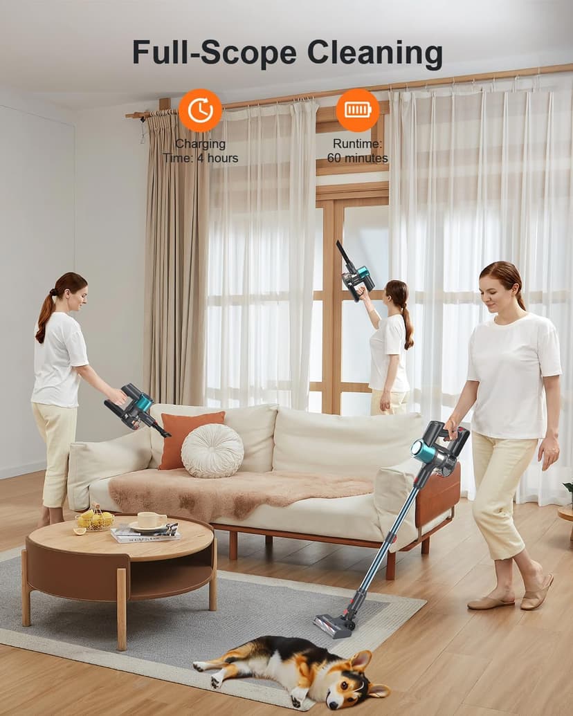Cordless Vacuum Cleaner, 60 Mins Runtime Vacuum Cleaners for Home, Stick Vacuum Self-Standing, Wall Mount Charging, 3 Mode Handheld Vacuum for Pet Hair/Carpet/Floor