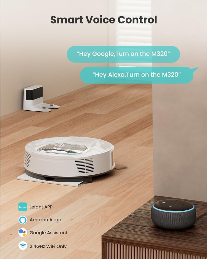 Lefant M320 Robot Vacuum with Mop Combo, 6500Pa Powerful Suction, 210 Mins Runtime, Slim, 800ml Visible Dustbin, Carpet Detection, Alexa Voice Control, Ideal for Hard Floor and Pet Hair, White