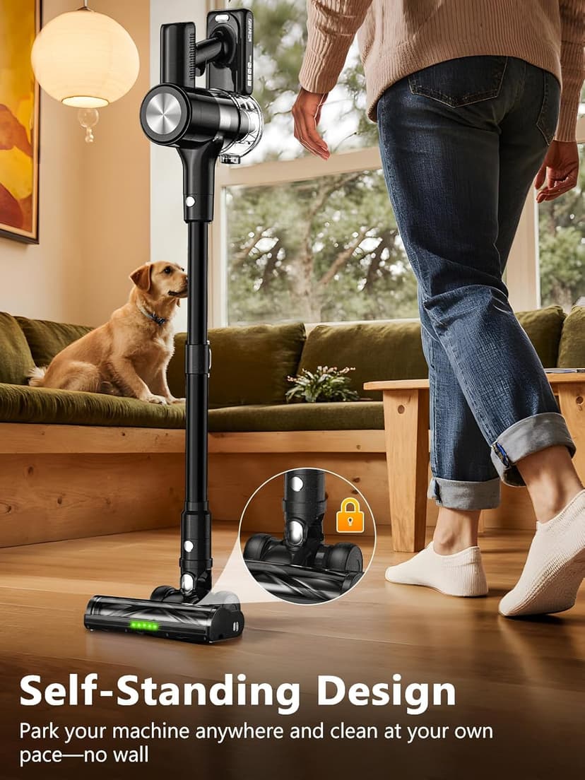 Cordless Vacuum Cleaner, 46KPa/500W Stick Vacuum with 55 Mins Runtime, Self-Standing Vacuum Cleaner for Home, LED Display, Anti-Tangle Brush, Rechargeable Vacuum for Pet Hair
