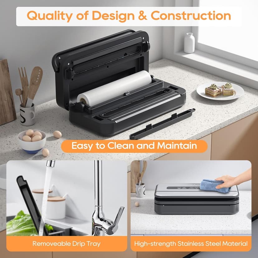 2025 Updated Stylish design Precision Vacuum Sealer Machine Pro for Food Saver, Concealed Handle 90Kpa Vacuum Sealers for Sous Vide,Liquid Food/Build with Cutter/Large Bag Storage/2 Bag Rolls