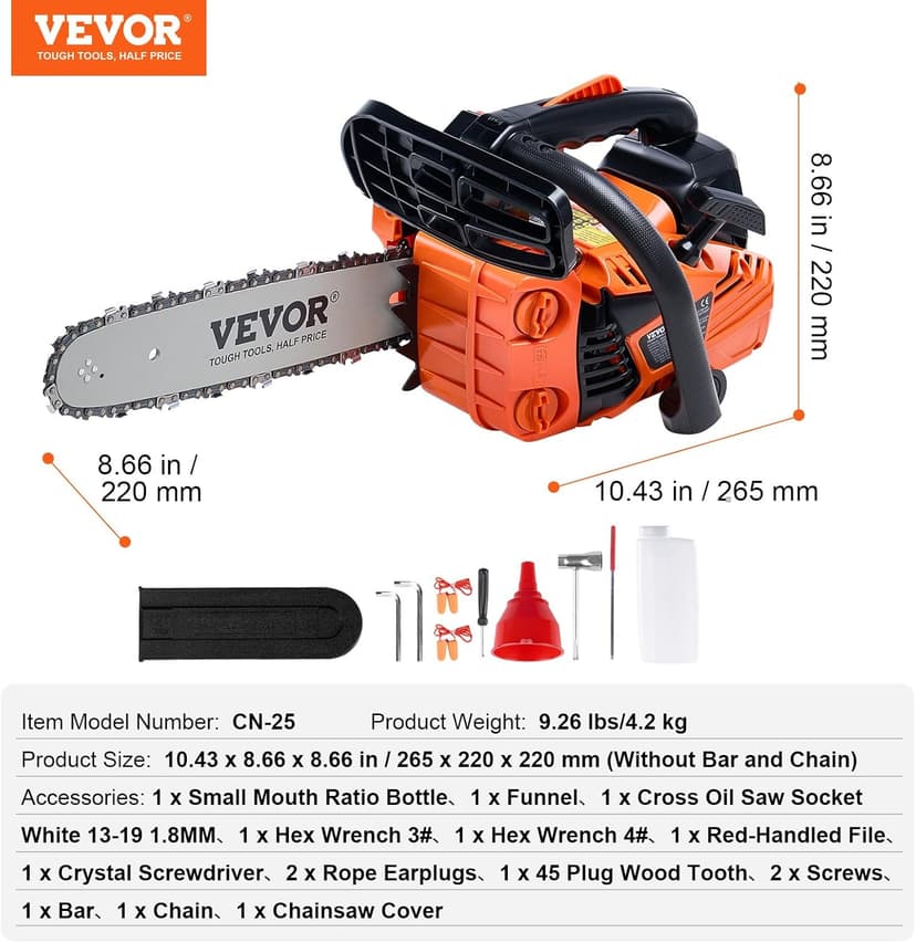 VEVOR 25.4 CC 2-Cycle Top Handle Gas Powered Chainsaw 12 Inch Petrol Handheld Cordless Chain Saw for Tree Wood Cutting