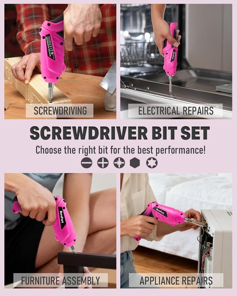 Pink Cordless Electric Screwdriver Set, 3.7V Rechargeable Small Electric Drill with 25pcs Driver Bit Set, Power 3Nm Screw Gun with 2 Position Handle, Flexible Shaft LED Light for Women