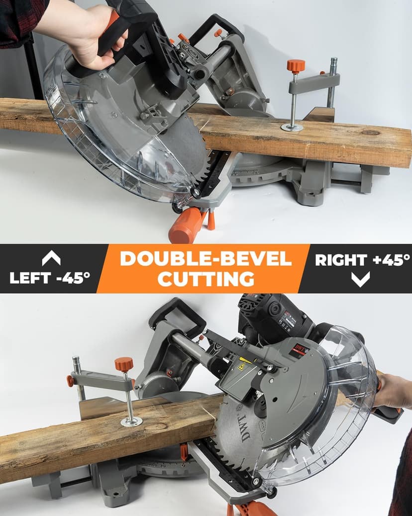 12-inch Compound Miter Saw with Double Bevel Cutting (-45/0/+45), Laser Guide, 9 Positive Stops, 3800RPM, 15Amp Miter Saw with Extension Table, 4.2x13in Cutting Capacity