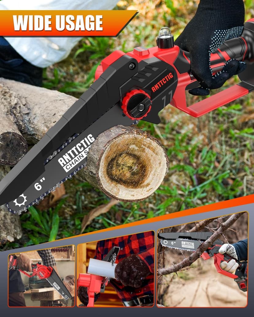 Mini Chainsaw Cordless, 6 inch Small Electric Chainsaw Battery Powered, Handheld Mini Chain Saw with 2 Batteries&2 Chains, Hand Saws for Branch Wood Cutting Tree Trimming (UPGRADED VERSION), Red