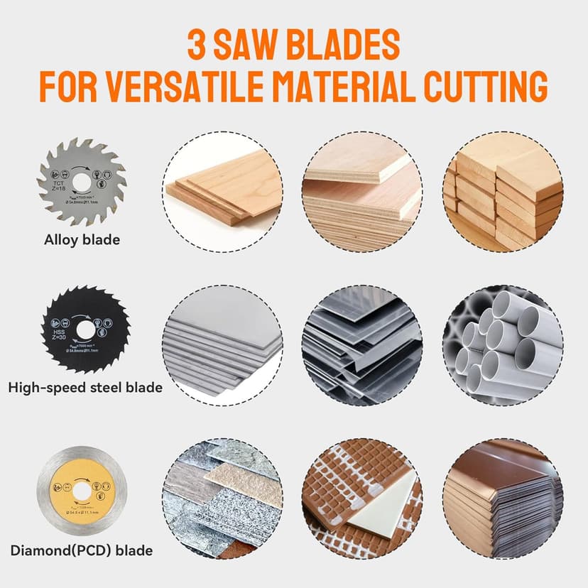 Mini Circular Saw Set, Handheld Circular Saw Corded 3400RMP 400W 110V Max Cutting Depth ½ Inch/12mm w/6 Blades, Multifunction Compact Circular Saw for Wood Drywall Tile Soft Metal PVC Pipe