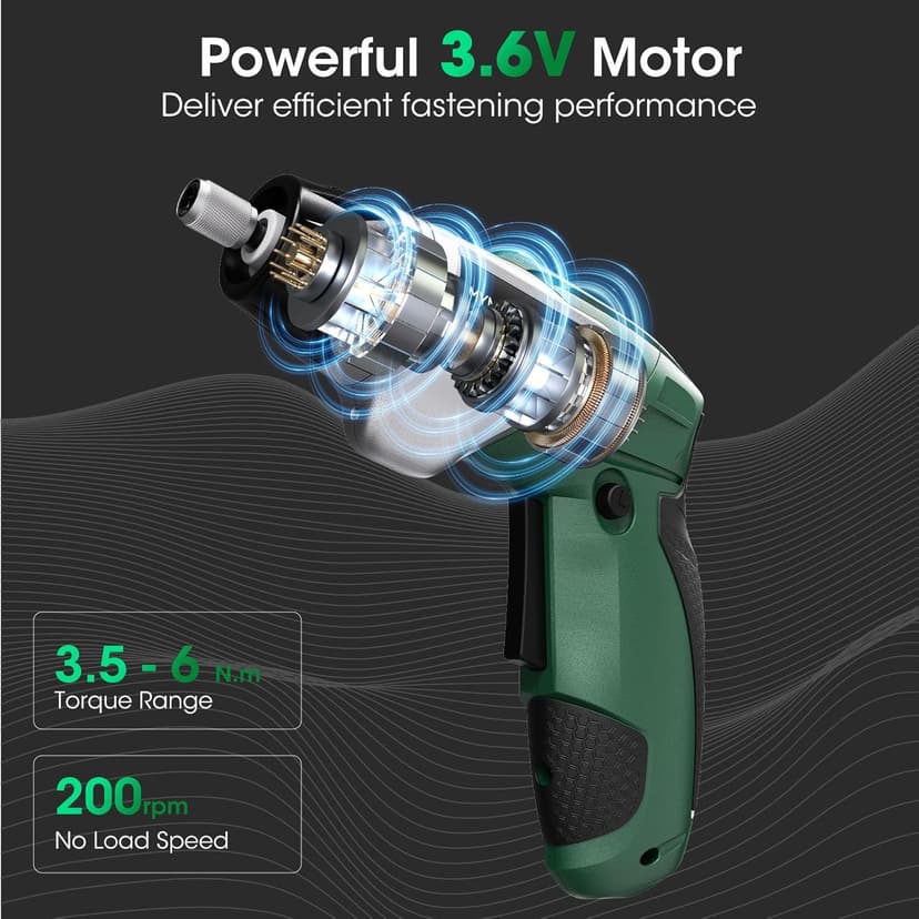 Electric Screwdriver Cordless Set, 3.6V Power Screwdriver Rechargeable with Light, Green Screw Gun with Pivoting Handle and Drill, 49 Pcs Accessories, 6+1 Torque Setting, 2000 mAh Battery