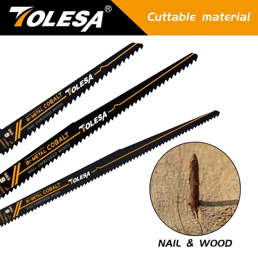 TOLESA Nail Embedded Wood Reciprocating Saw Blades for Window Door Demolition and Construction Wood Cutting 12 Inch 6TPI Bi-Metal Teeth with Cobalt Sharp Cutting 5 Pack