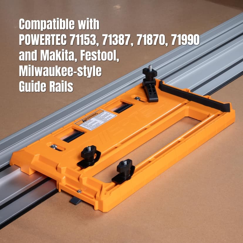 POWERTEC Universal Circular Saw Track Plate Compatible with Most Track Saw Guide Rails and Straight Edge Clamps, Tool-Free Mounting System, Adjustable Fence for Fast and Accurate Cuts (71993)