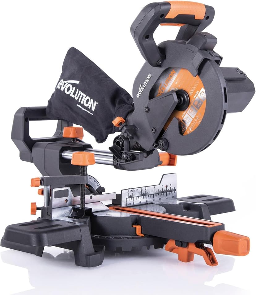 Evolution Power Tools R185SMS+ Sliding Miter Saw with Multi-Material Cutting, 45 Degree Bevel, 50 Degree Miter, 210 mm Slide, Blade Included Cuts Wood Plastic Metal & More, 7-1/4"