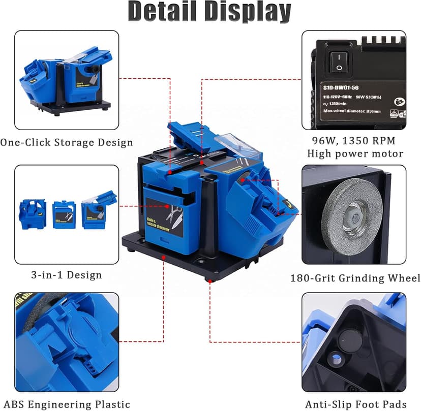 Electric Drill Bit Sharpener, 3-in-1 Multifunction Electric Sharpening Machine for Knife, drill, Chisel, Scissor, 110V, Grinder with Adjustable Angles, 96W, 1350rpm, Compact Design