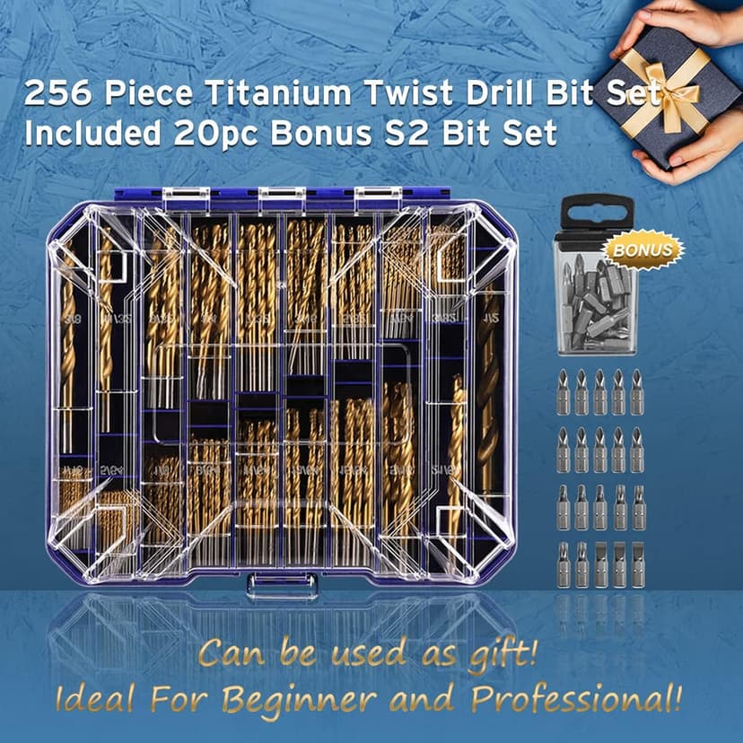 276pc Titanium Twist Drill Bit Set with S2 Bits 135° Tip High Speed Steel, Size from 1/16" up to 1/2", Ideal in Wood Cast Iron Aluminum Alloy Plastic Fiberglass, Clear Lid Case