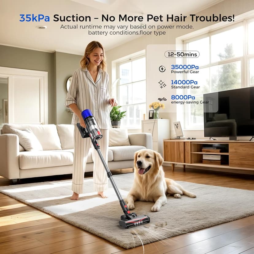 Cordless Vacuum Cleaner, 500W 50 Minutes Runtime Stick Vacuum for Pet Hair, Powerful Suction, Rechargeable, Lightweight, Handheld Vacuum Versatile for Carpet, Hard Floor (Starry Gray)