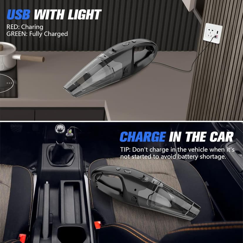 Handheld Vacuum Cordless Rechargeable 3-in-1, USB Charge, Car Vacuum with LED, HEPA Filter, 1.65LBs Lightweight Vacuum Cleaner for Dust, Pet Hair