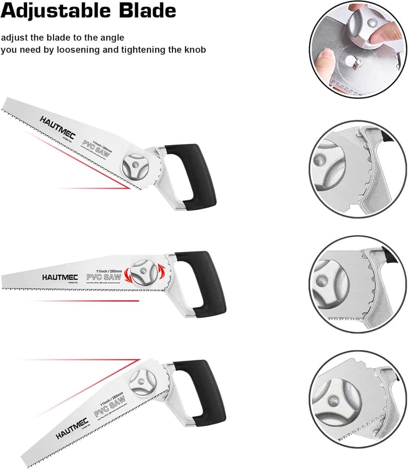 HAUTMEC Heavy Duty 11-Inch PVC/ABS Pipe Saw And General Purpose Hand saw, Adjustable Cutting Angle, For Cutting Pipe In Tight Spaces, for Trimming, Gardening, Wood, Drywall, And Plastic HT0027-SA