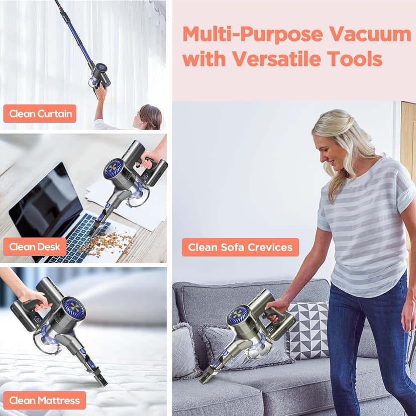 Cordless Vacuum Cleaner, Vacuum Cleaner for Home with 80000 RPM High-Speed Brushless Motor, Up to 40 Mins Runtime, 2 Adjustable Suction, Anti-Tangle, Lightweight Stick Vacuum for Hard Floor