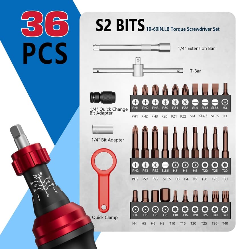 10-60In.lb 1/4" Torque Screwdriver 36 PCS Set with T-bar, Hex, Torx, and Phillips S2 Bits,Torque Wrench Screwdriver for Scope and Car, Bike Mounting and Home DIY