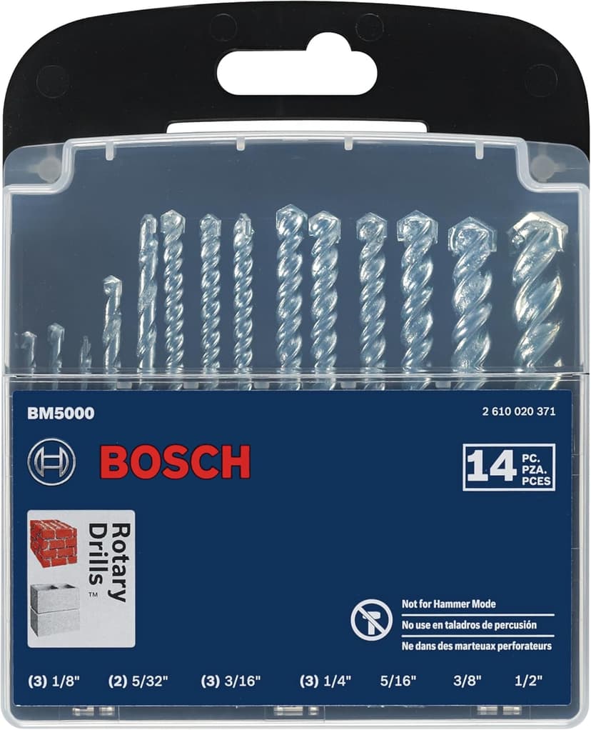 BOSCH BM5000 14-Piece Fast Spiral Rotary Masonry Carbide Tip Bits Assorted Set for Rotary Drilling Applications in Block, Brick, Masonry