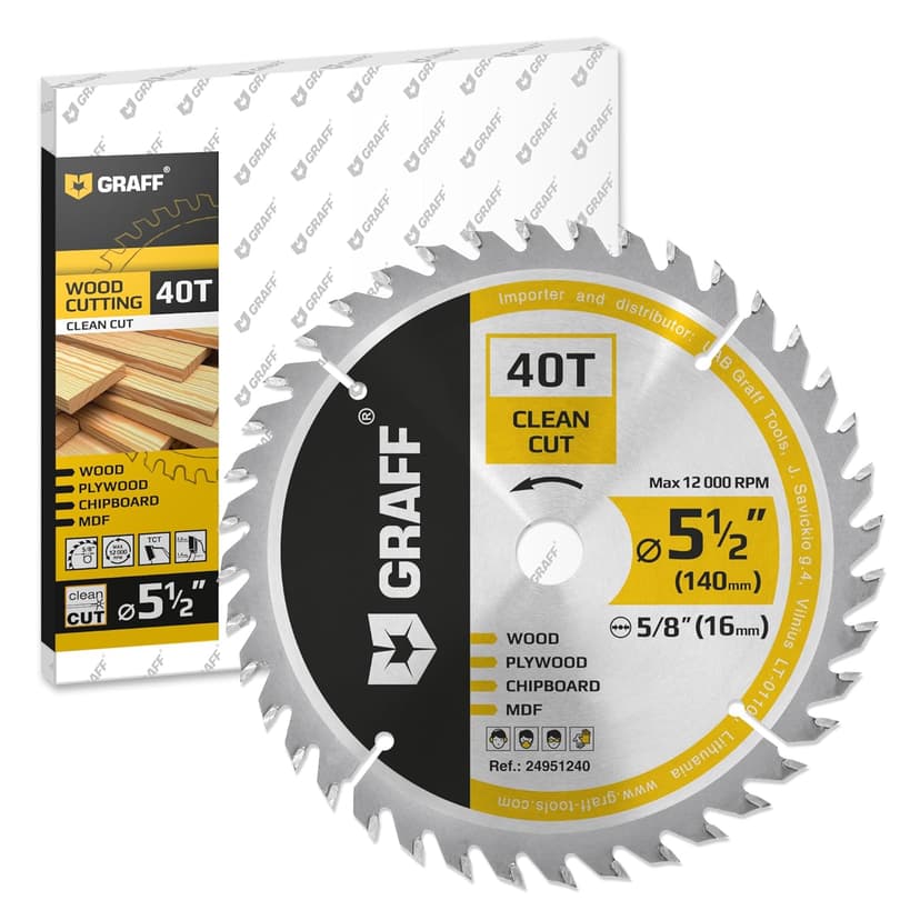 5-1/2" Wood Cutting Circular Saw Blade - Chop Saw Blade for Plywood, MDF, Drywall & Plastic 40T TCT Blade for Circular Table Miter & Cordless Saws 5/8-Inch Arbor Burr-Free No Heat No Sparks GRAFF
