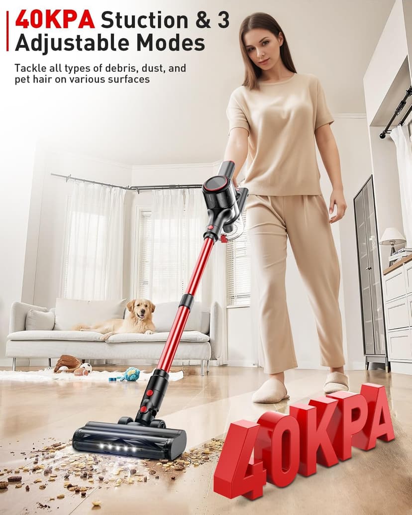 Cordless Vacuum Cleaner, 40Kpa 8-in-1 Vacuum Cleaners for Home, 45Mins Runtime Anti-Tangle Stick Vacuum with LED Display, 3 Modes Suction, Lightweight Vacuum for Hardwood Floor/Carpet/Pet Hair