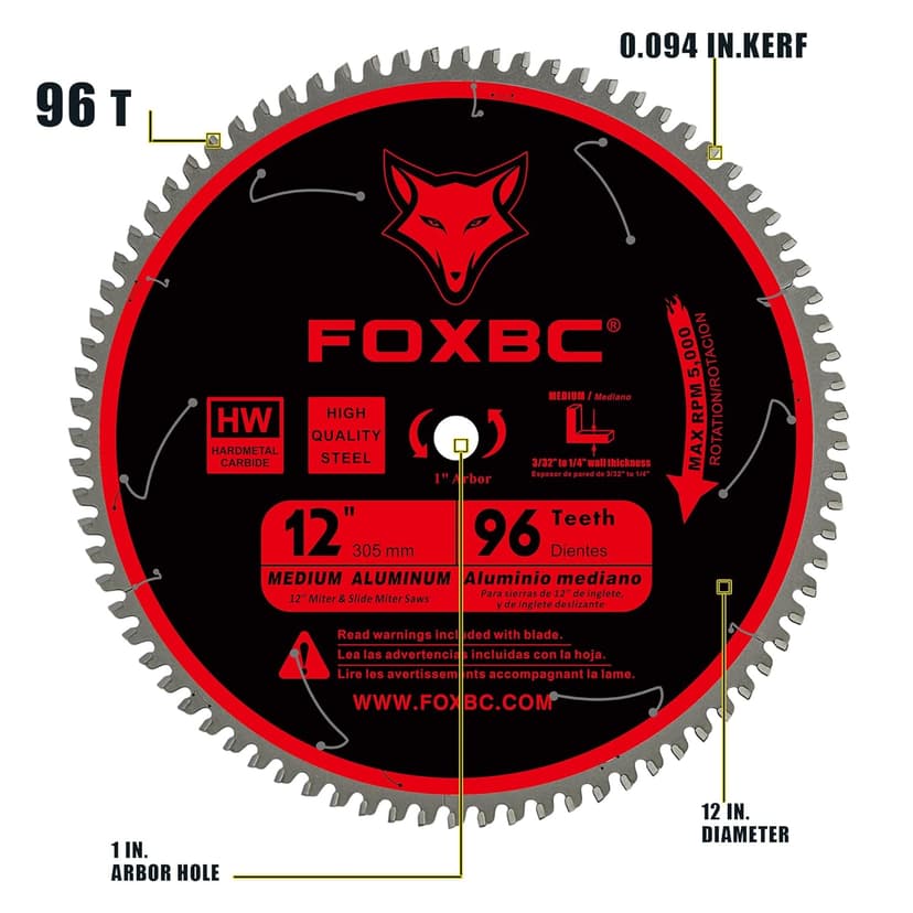 FOXBC 12 Inch Saw Blade 96-Tooth TCG for Aluminum Non-Ferrous Metal & Plastic Cutting with 1-Inch Arbor