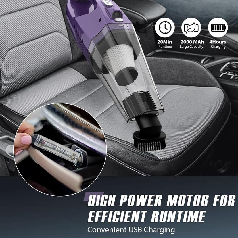 Handheld Vacuum Cordless - Car Vacuum Portable & Small Vacuum Cleaner with 6KPa Suction, USB Vacuum Cordless Rechargeable, HEPA Filter, LED Light for Pet Hair, Home, Car, Office - Includes Accessories