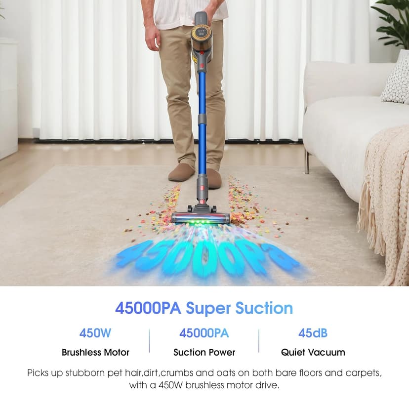 UNINELL HOME Cordless Vacuum Cleaner,45000Pa/450W Vacuum Cleaners for Home with 60Mins Runtime,Lightweight Anti-Tangle Stick Vacuum,Wall-Mount Charging,Vacuum Cordless with Attachments for Pet Hair