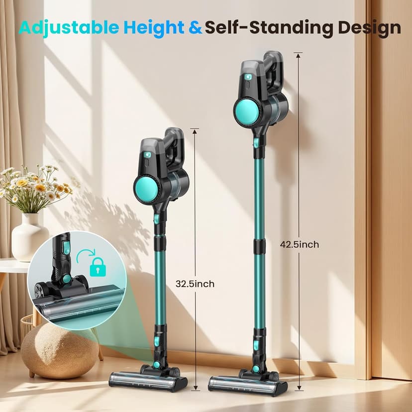 N3T Cordless Vacuum Cleaner,Wireless Stick Vacuum with 40mins Runine,Self-Standing,Anti-Tangle Brush,Rechargeable Lightweight Vacuum Cleaner for Home,Hardwood Floor,Pet Hair, Carpet-Green