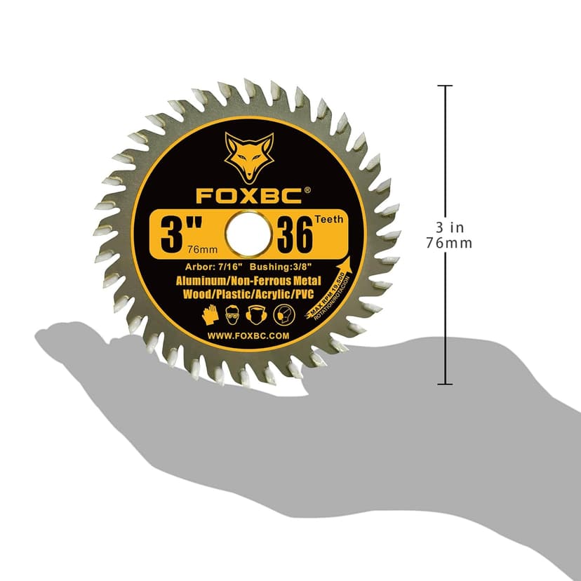 FOXBC 3 Inch Carbide Circular Saw Blade 36 Tooth for Wood, Plastic, PVC, Acrylic, Aluminum with 7/16" Arbor, 3/8" Bushing - 3 Pack