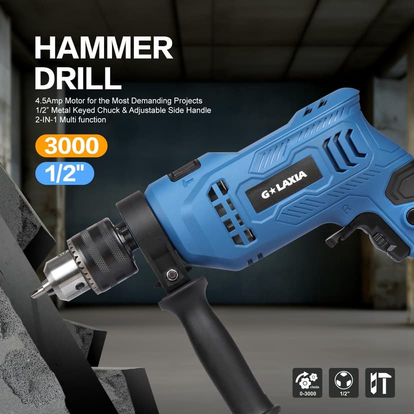 Hammer Drill, 4.5A 1/2 Corded Hammer Kit, 0-3000RPM Variable Speed Impact Drill with 105pcs Drill Bit Set, Carrying Case Included