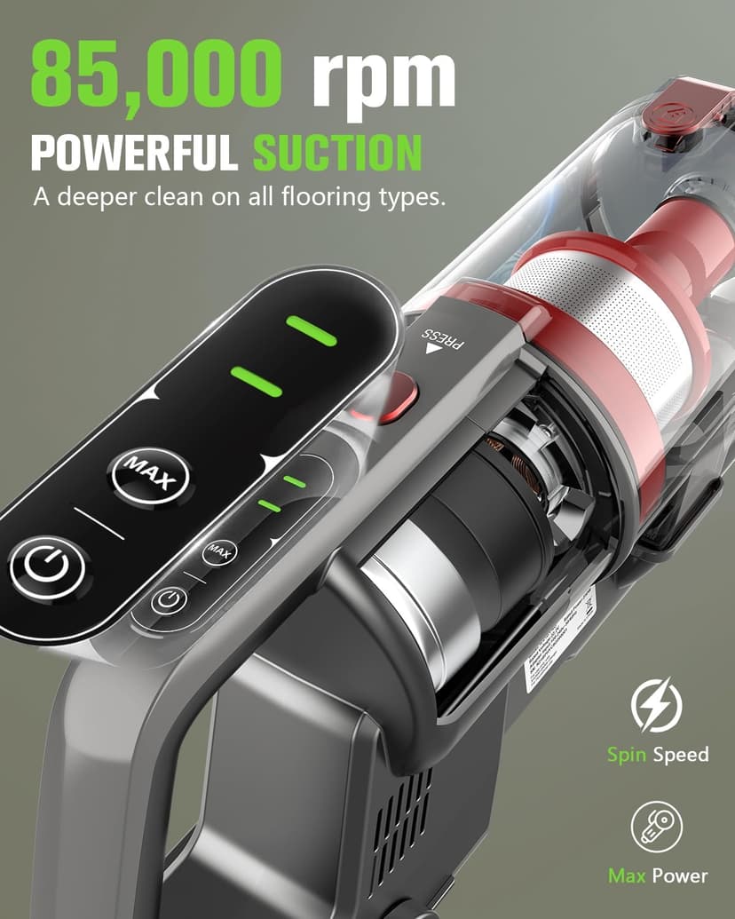Cordless Vacuum Cleaner, 85,000PRM Upgraded Dual Suction Cordless Stick Vacuum up to 35mins Runtime, Lightweight Rechargeable Vacuum for Home (Bright Red)