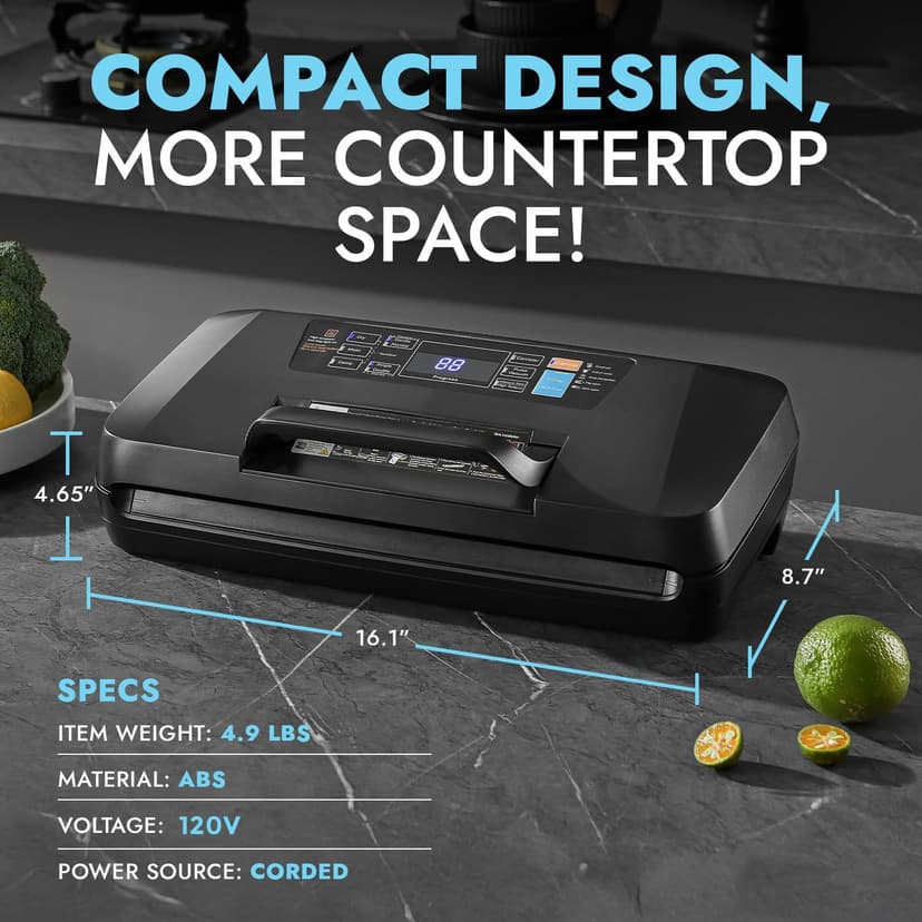 95Kpa Vacuum Sealer Machine for Food, 10-in-1 Presets with Sous Vide Mode, Double Heat Seal, Built-in Cutter & Bag Storage, Dry/Moist/Liquid, Compact Design, Easy-Lock Handle, Commercial Grade
